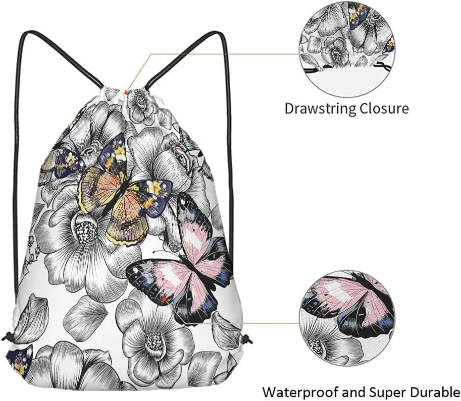 Colorful Butterflies Drawstring Bags Backpack Bag Flowers Bird Animal Beautiful Wings Magic Art Hand Painted Sport Gym Sack Drawstring Bag String Bag Yoga Bag for Men Women