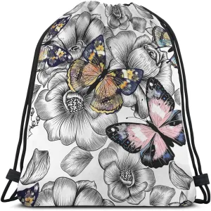 Colorful Butterflies Drawstring Bags Backpack Bag Flowers Bird Animal Beautiful Wings Magic Art Hand Painted Sport Gym Sack Drawstring Bag String Bag Yoga Bag for Men Women
