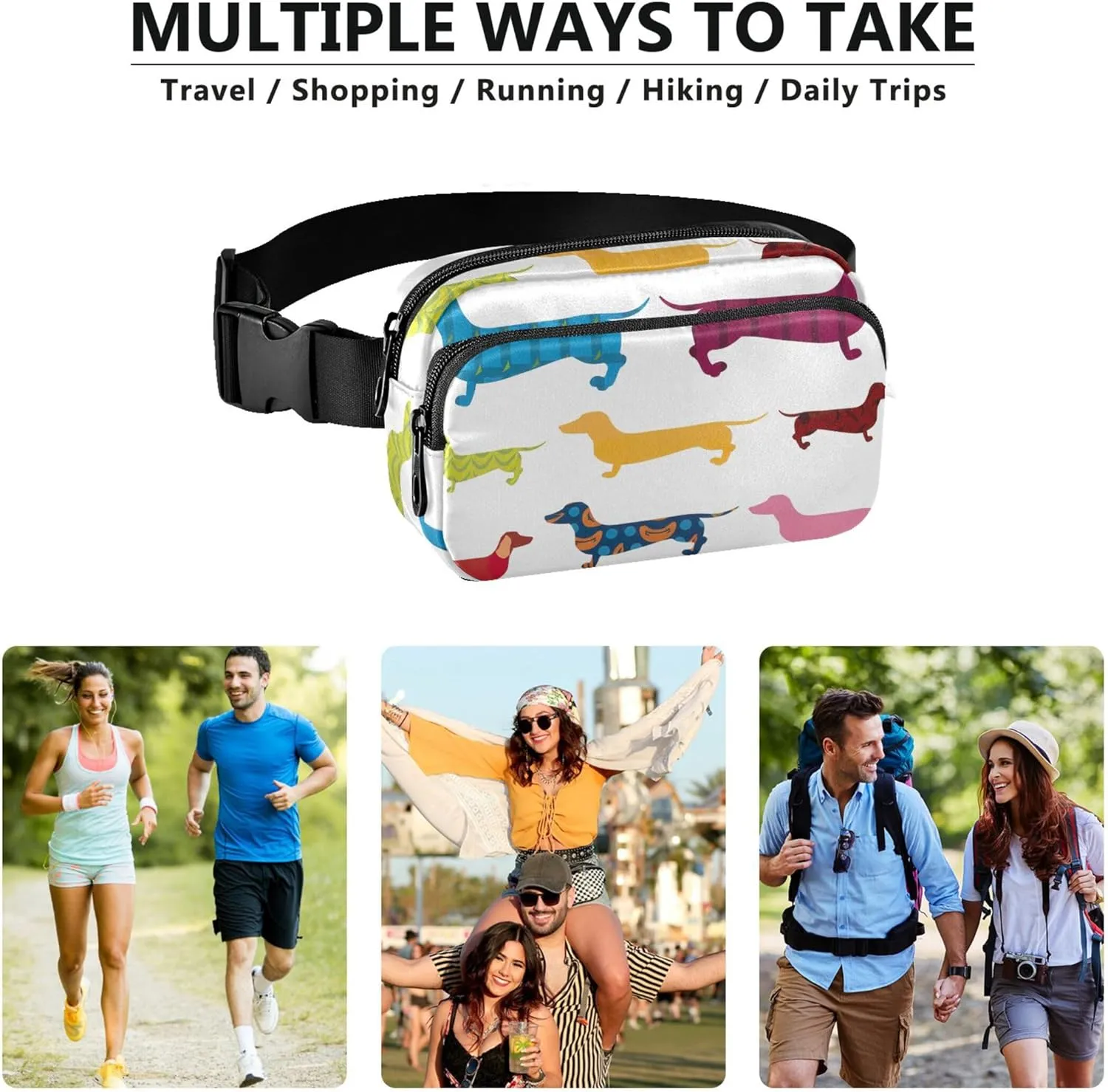 Colorful Dachshund Dogs Women Fanny Pack Waterproof Belt Bags Hip Pack Festival Waist Purse for Women