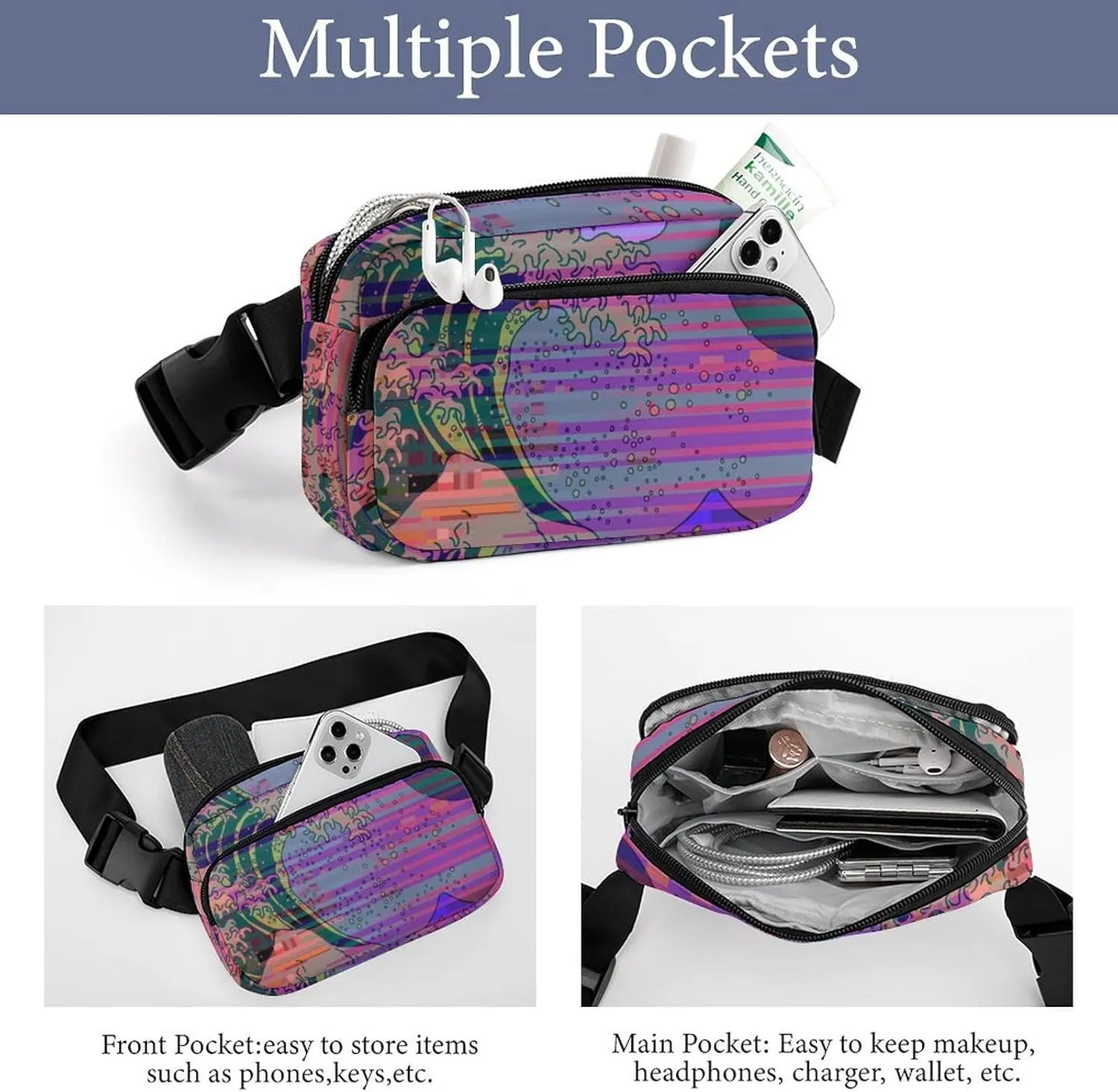 Colorful Japanese Waves Fanny Pack Belt Bag with Adjustable Strap Modern Style Waist Packs Small Pouch Crossbody Bags for Hiking Running Cycling Traveling