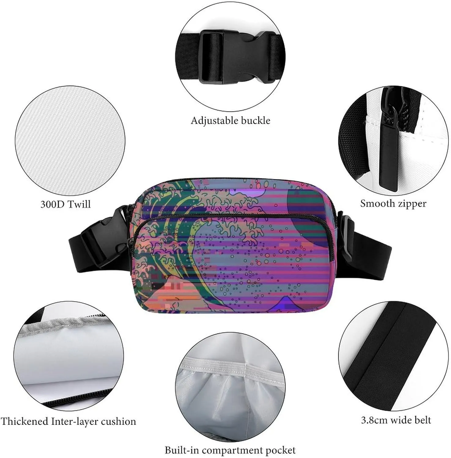 Colorful Japanese Waves Fanny Pack Belt Bag with Adjustable Strap Modern Style Waist Packs Small Pouch Crossbody Bags for Hiking Running Cycling Traveling