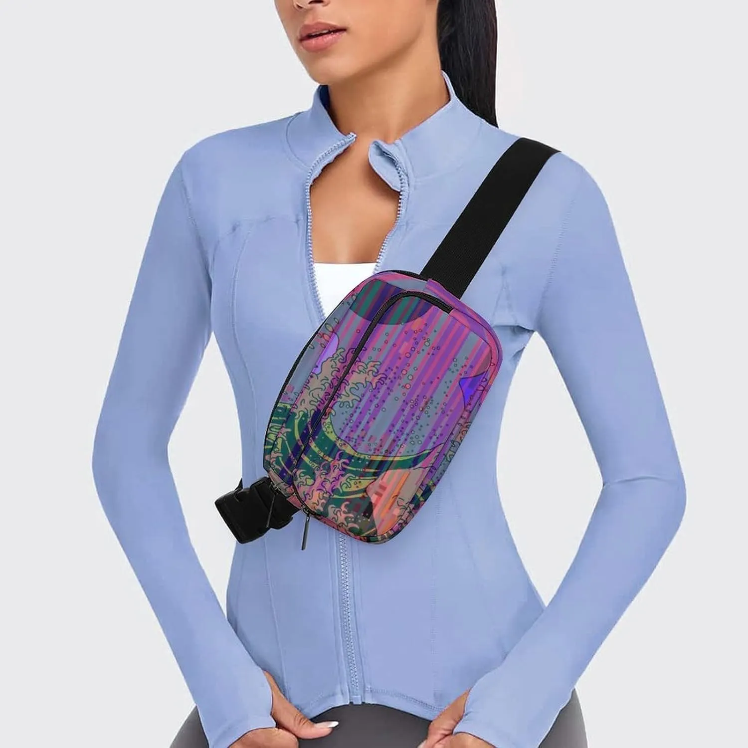 Colorful Japanese Waves Fanny Pack Belt Bag with Adjustable Strap Modern Style Waist Packs Small Pouch Crossbody Bags for Hiking Running Cycling Traveling