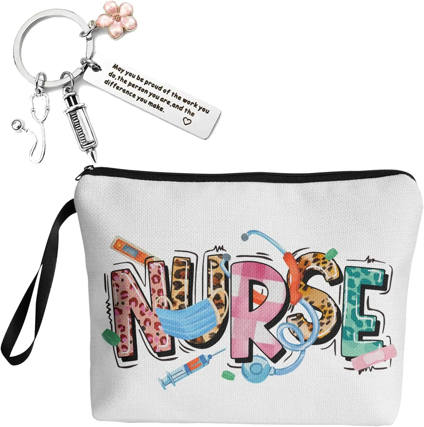 Colorful Nurse 2 Packs Canvas Makeup Bag with Nurse Keychain for Women Nurse Student, Best 2025 Nurse Gifts for Nurses Week Graduation Christmas Thanksgiving Birthday, RN/EN Nurses Retirement Gifts