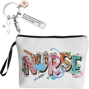 Colorful Nurse 2 Packs Canvas Makeup Bag with Nurse Keychain for Women Nurse Student, Best 2025 Nurse Gifts for Nurses Week Graduation Christmas Thanksgiving Birthday, RN/EN Nurses Retirement Gifts
