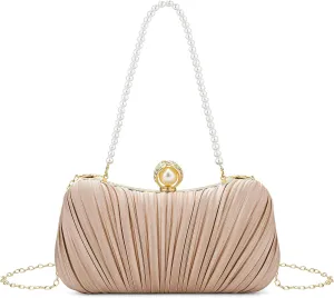 Comeon Clutch Purses for Women Satin Evening Handbags Pleated Party Clutch Bag Elegant Pearl Wedding Formal Purse with Chain