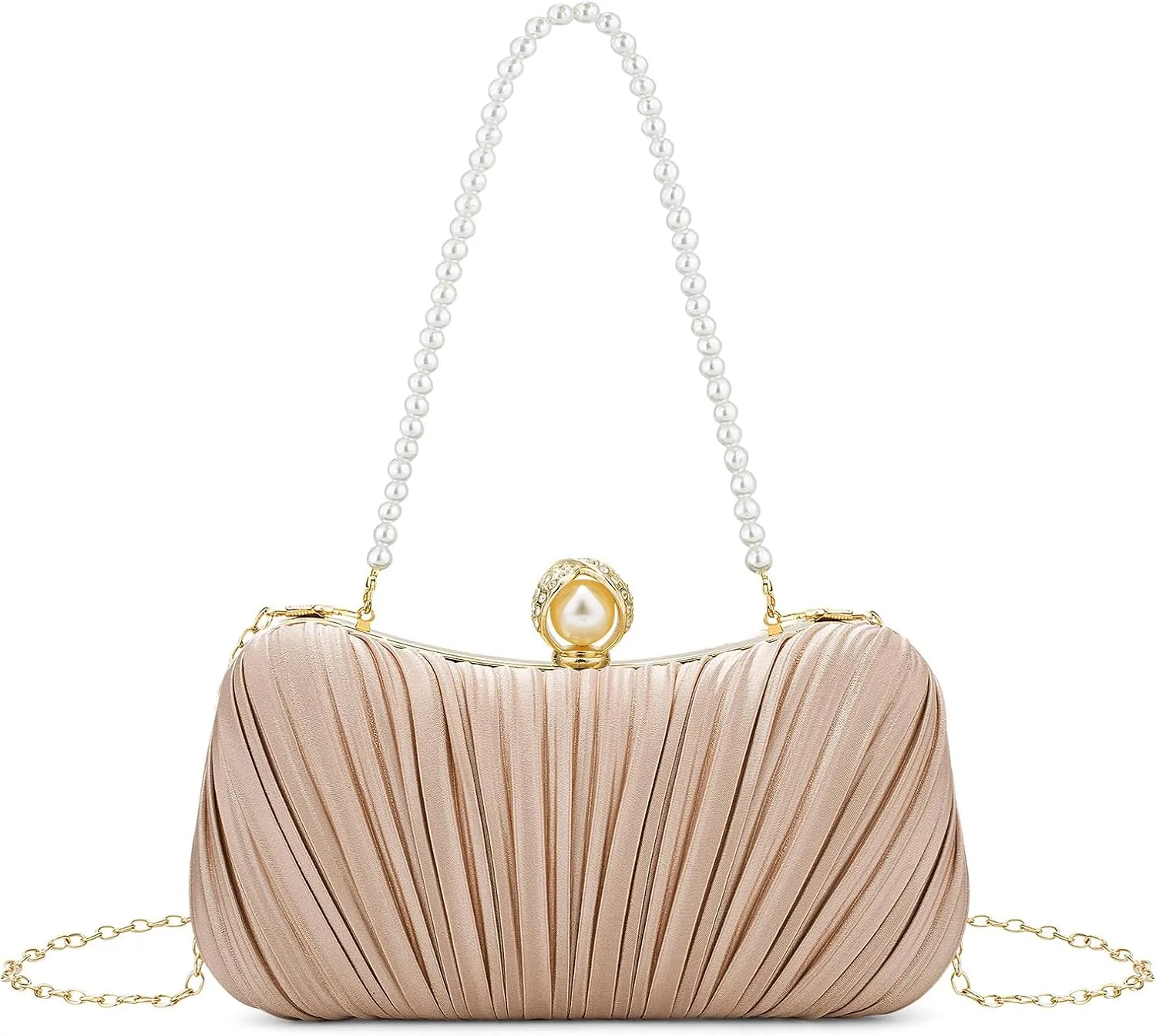 Comeon Clutch Purses for Women Satin Evening Handbags Pleated Party Clutch Bag Elegant Pearl Wedding Formal Purse with Chain