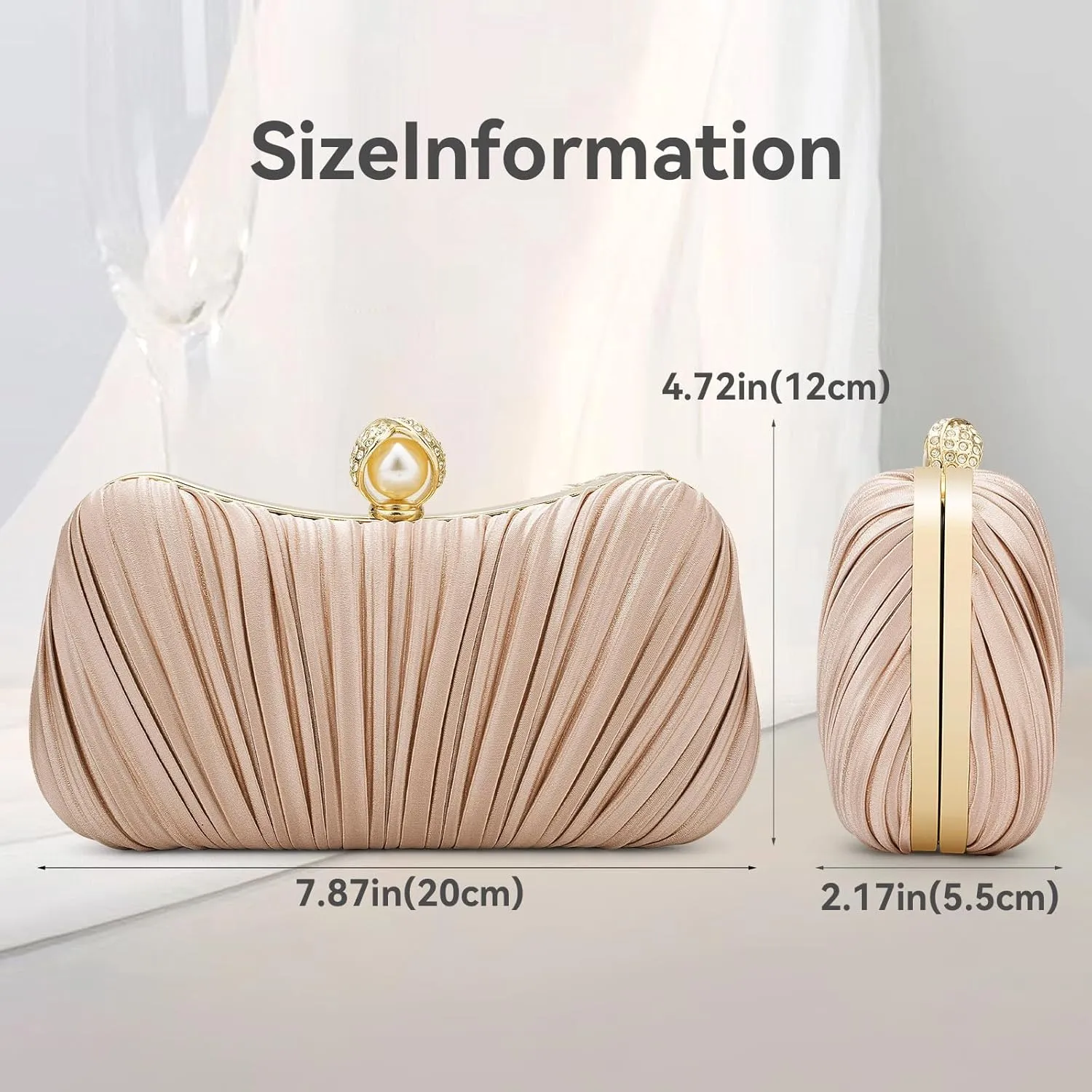 Comeon Clutch Purses for Women Satin Evening Handbags Pleated Party Clutch Bag Elegant Pearl Wedding Formal Purse with Chain