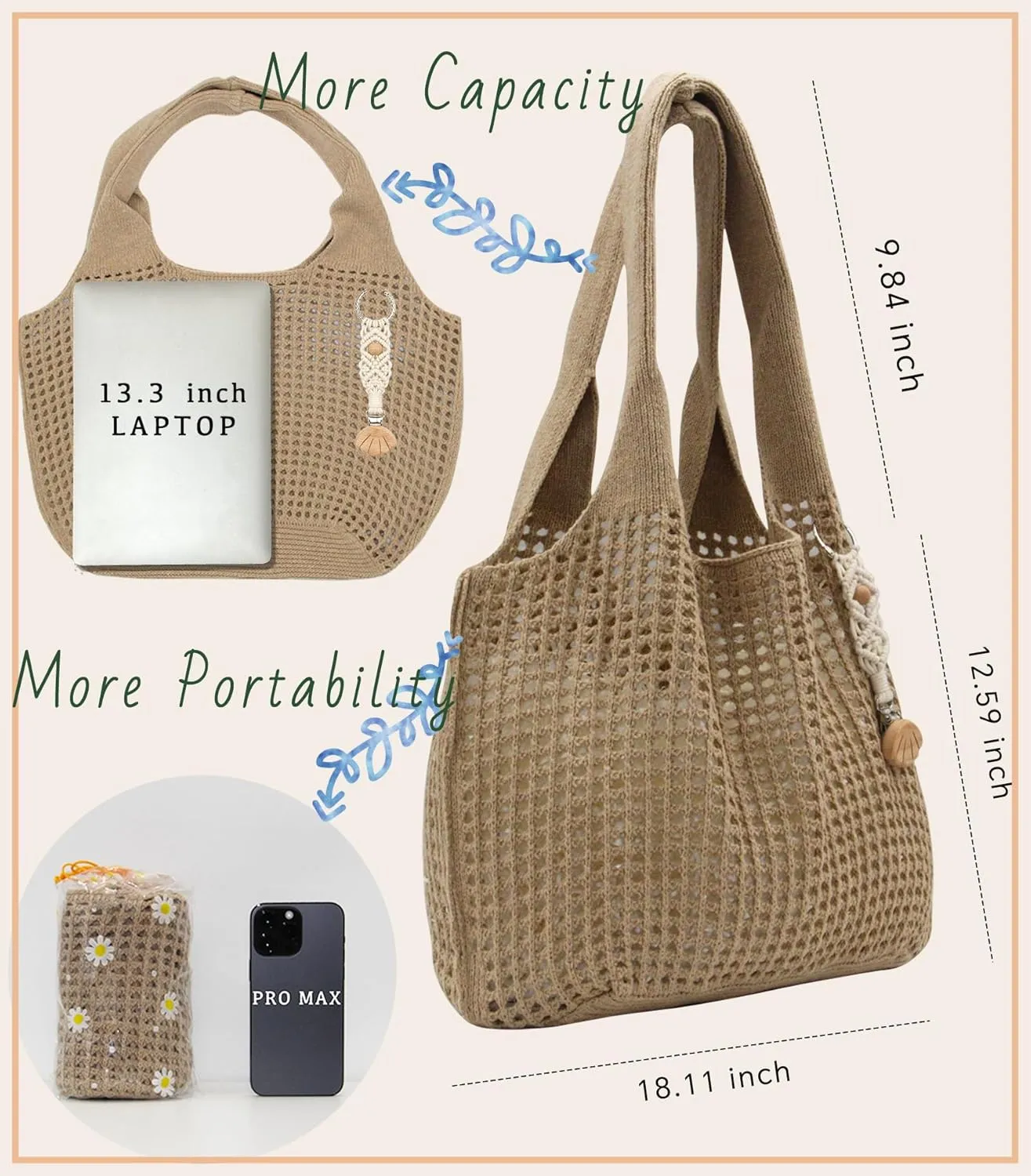 Crochet Tote Bag with Macrame Hat Clip for Travel Women Summer Beach Bag Aesthetic Knit Bag Cute Shoulder Bags