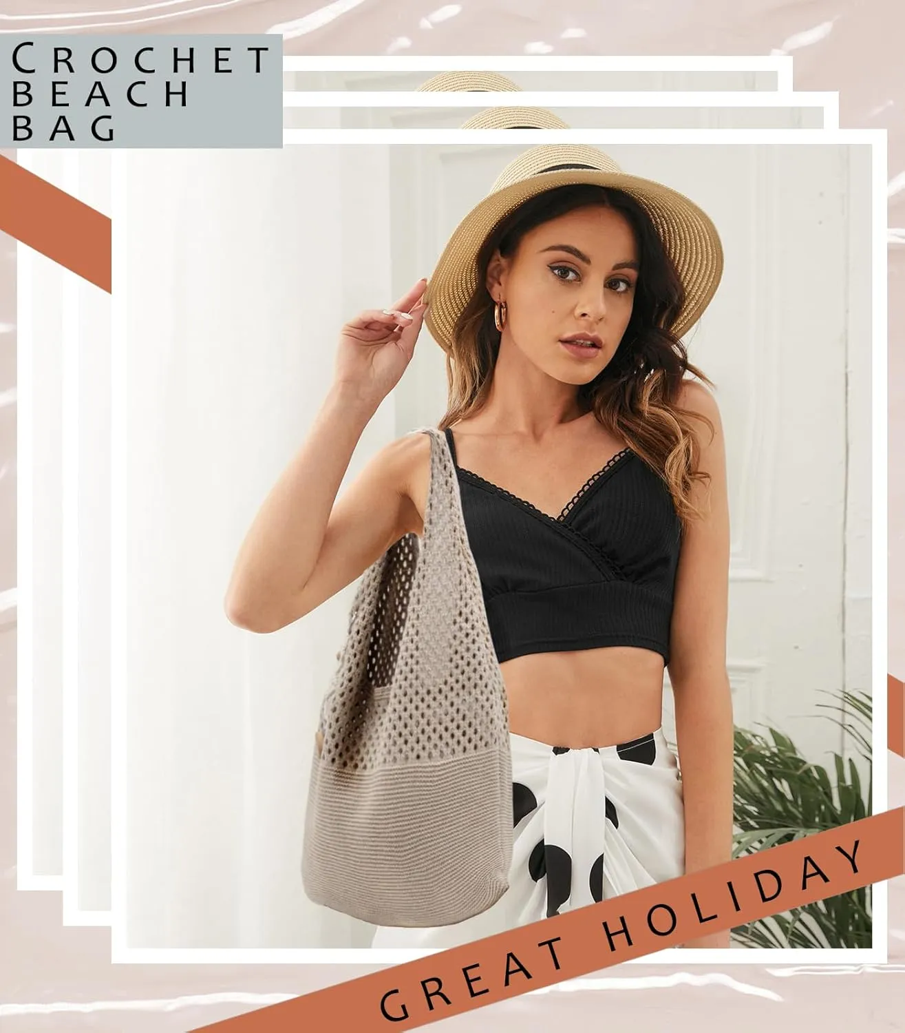 Crochet Tote Bag with Macrame Hat Clip for Travel Women Summer Beach Bag Aesthetic Knit Bag Cute Shoulder Bags