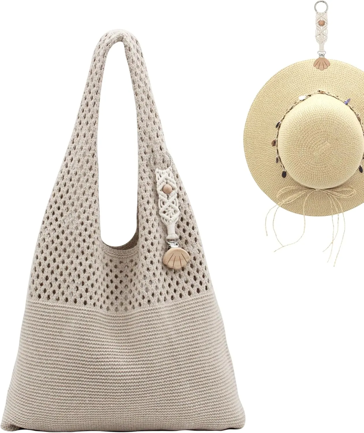 Crochet Tote Bag with Macrame Hat Clip for Travel Women Summer Beach Bag Aesthetic Knit Bag Cute Shoulder Bags