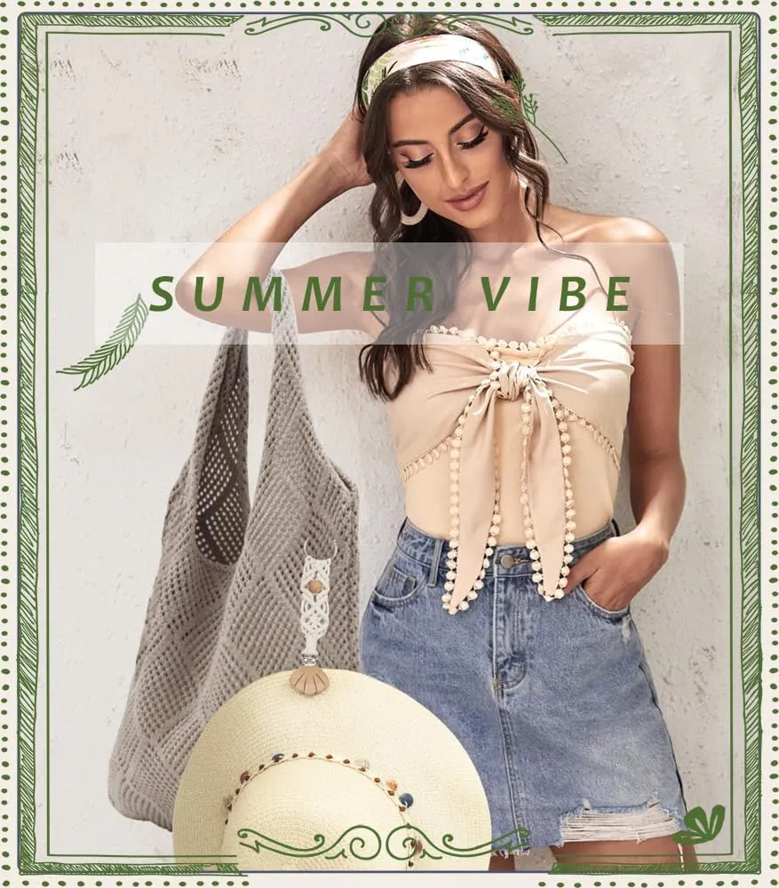 Crochet Tote Bag with Macrame Hat Clip for Travel Women Summer Beach Bag Aesthetic Knit Bag Cute Shoulder Bags
