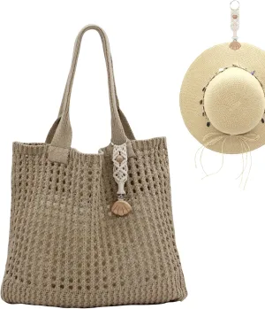 Crochet Tote Bag with Macrame Hat Clip for Travel Women Summer Beach Bag Aesthetic Knit Bag Cute Shoulder Bags