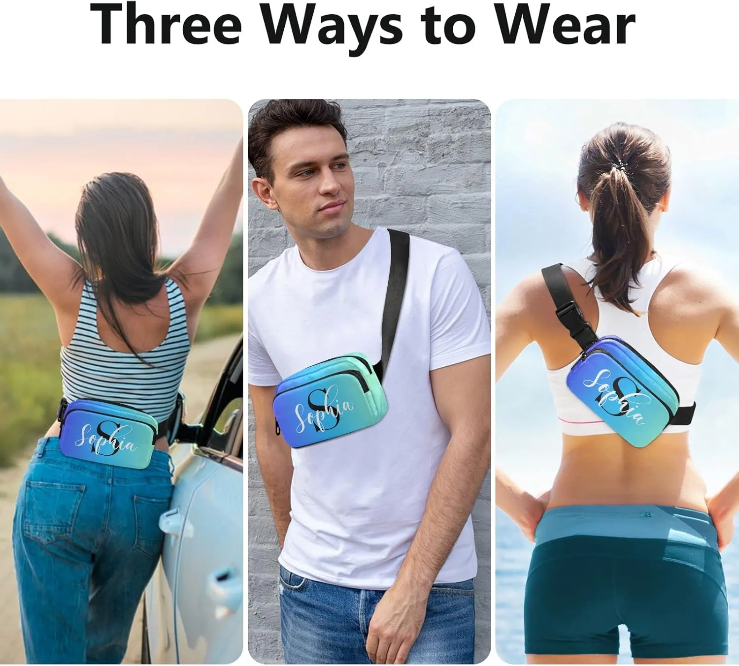 Custom Blue Gradient Fanny Pack for Women Men Personalizied Belt Bag Crossbody Waist Pouch Waterproof Everywhere Purse Fashion Sling Bag for Running Hiking Workout