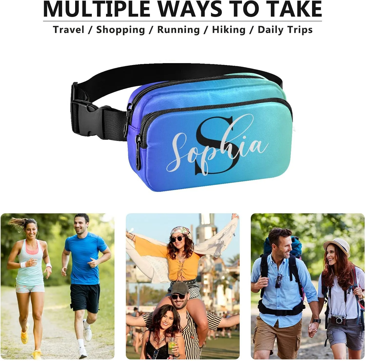 Custom Blue Gradient Fanny Pack for Women Men Personalizied Belt Bag Crossbody Waist Pouch Waterproof Everywhere Purse Fashion Sling Bag for Running Hiking Workout