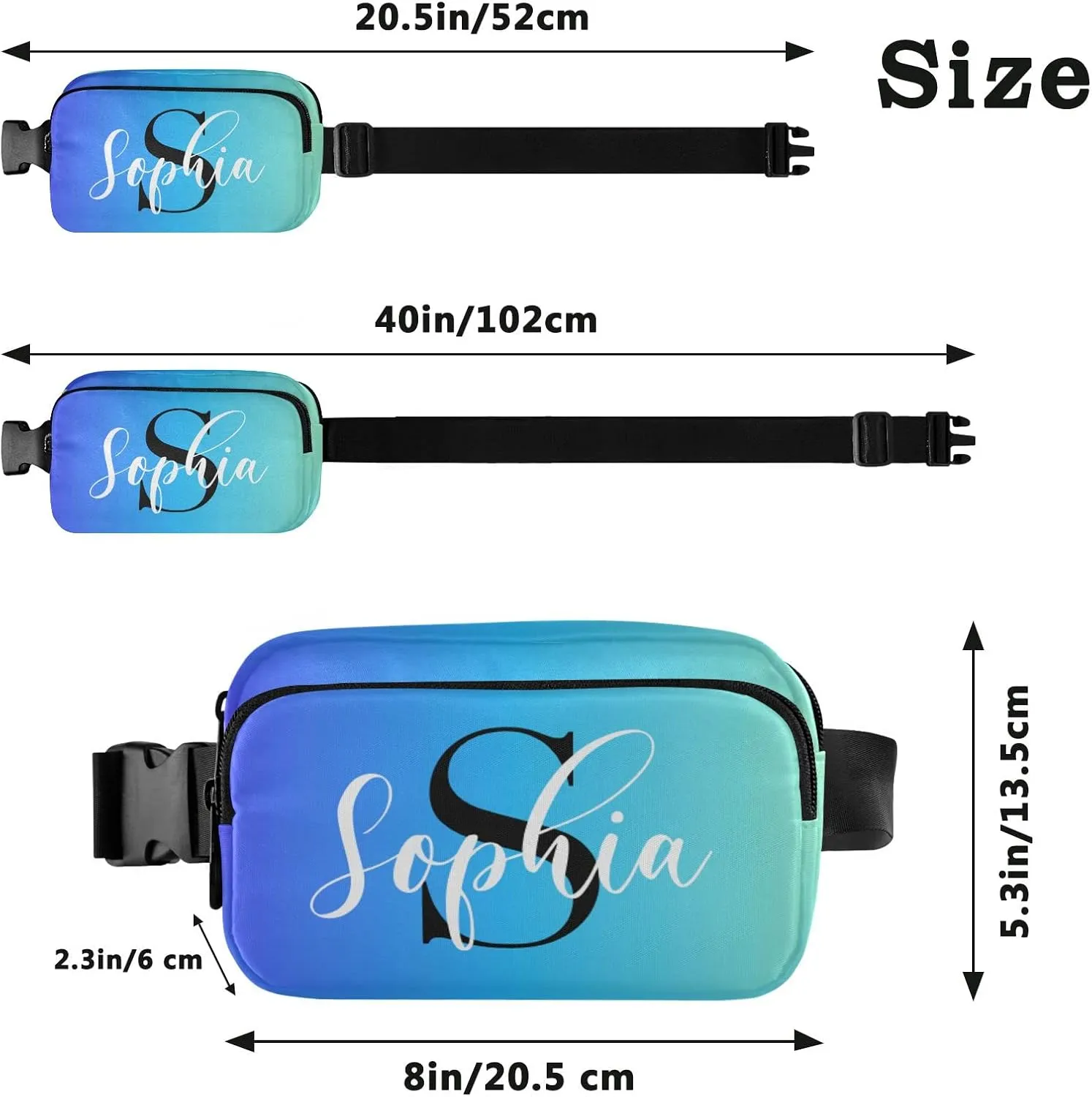 Custom Blue Gradient Fanny Pack for Women Men Personalizied Belt Bag Crossbody Waist Pouch Waterproof Everywhere Purse Fashion Sling Bag for Running Hiking Workout