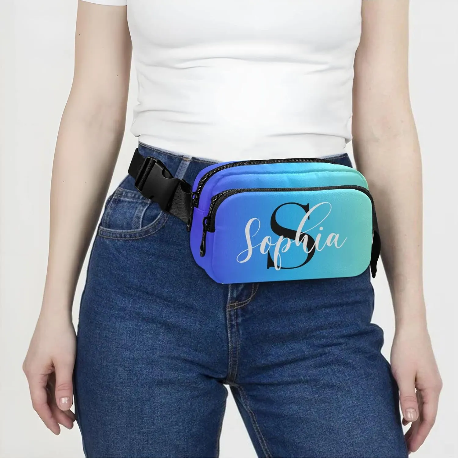 Custom Blue Gradient Fanny Pack for Women Men Personalizied Belt Bag Crossbody Waist Pouch Waterproof Everywhere Purse Fashion Sling Bag for Running Hiking Workout
