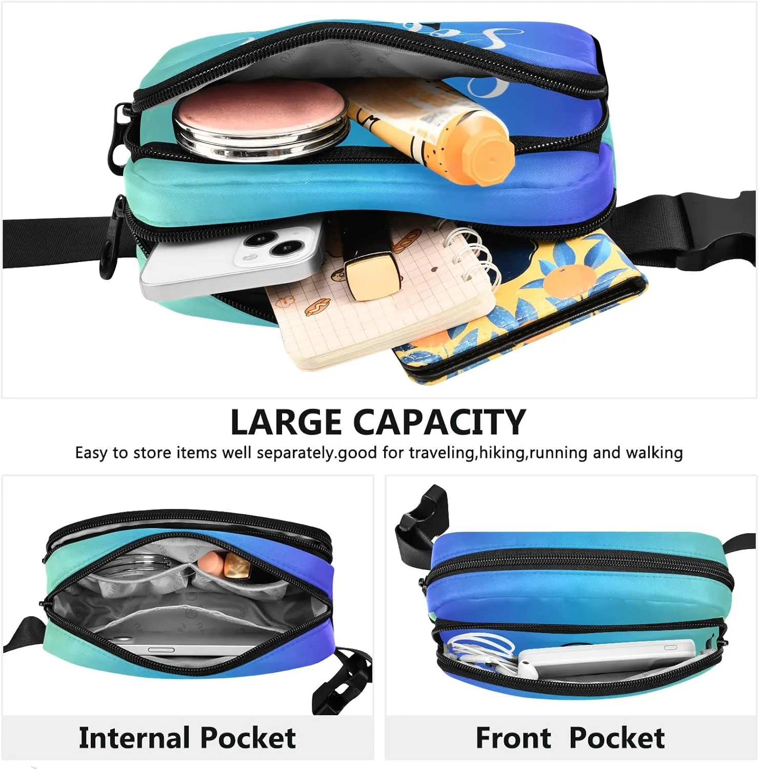 Custom Blue Gradient Fanny Pack for Women Men Personalizied Belt Bag Crossbody Waist Pouch Waterproof Everywhere Purse Fashion Sling Bag for Running Hiking Workout