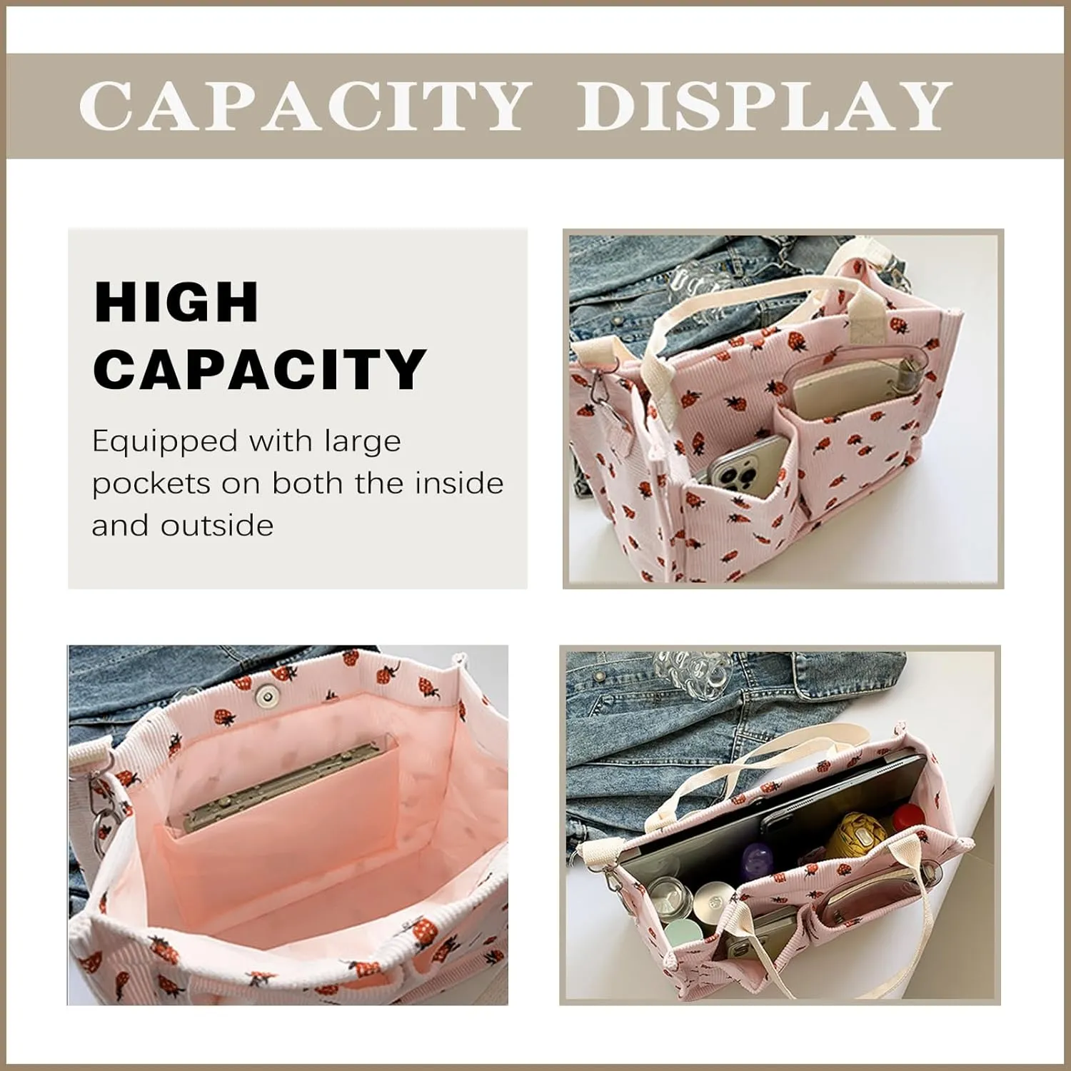 Cute Crossbody Bag For Women Girls Strawberry Purse Corduroy Tote Bag Fashion Chain Shoulder Handbag Canvas Bags