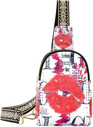 Cute Kiss Red Lips Fanny Pack Crossbody PC Leather Small Sling Bag for Women Modern Style Fashion Waist Packs Chest Bag for Travel Sports Hiking
