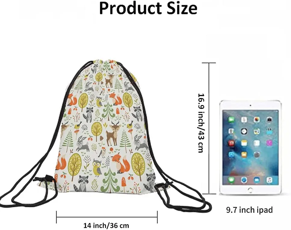 Cute Woodland Animals Drawstring Bags Backpack Bag Bird Owl Raccoon Tree Rabbit Fox Mushroom Spring Berries Sport Gym Sack Drawstring Bag String Bag Yoga Bag for Men Women