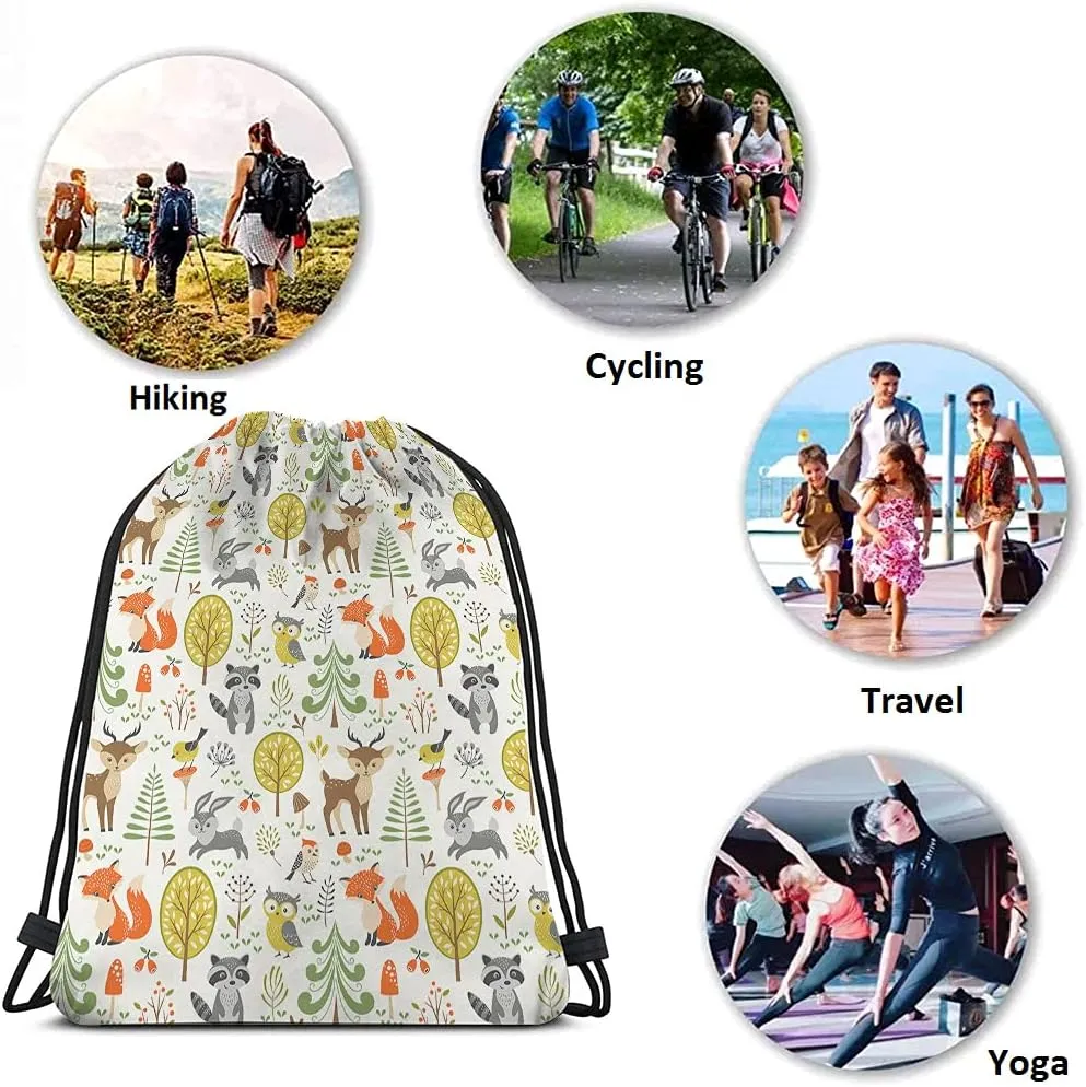 Cute Woodland Animals Drawstring Bags Backpack Bag Bird Owl Raccoon Tree Rabbit Fox Mushroom Spring Berries Sport Gym Sack Drawstring Bag String Bag Yoga Bag for Men Women