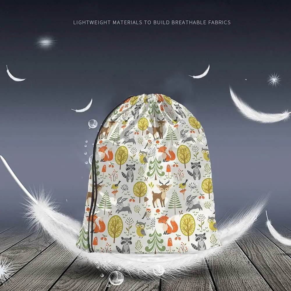 Cute Woodland Animals Drawstring Bags Backpack Bag Bird Owl Raccoon Tree Rabbit Fox Mushroom Spring Berries Sport Gym Sack Drawstring Bag String Bag Yoga Bag for Men Women