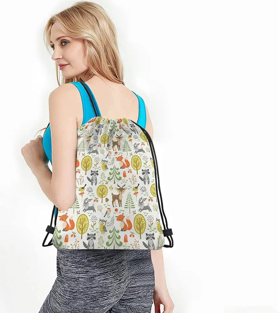 Cute Woodland Animals Drawstring Bags Backpack Bag Bird Owl Raccoon Tree Rabbit Fox Mushroom Spring Berries Sport Gym Sack Drawstring Bag String Bag Yoga Bag for Men Women