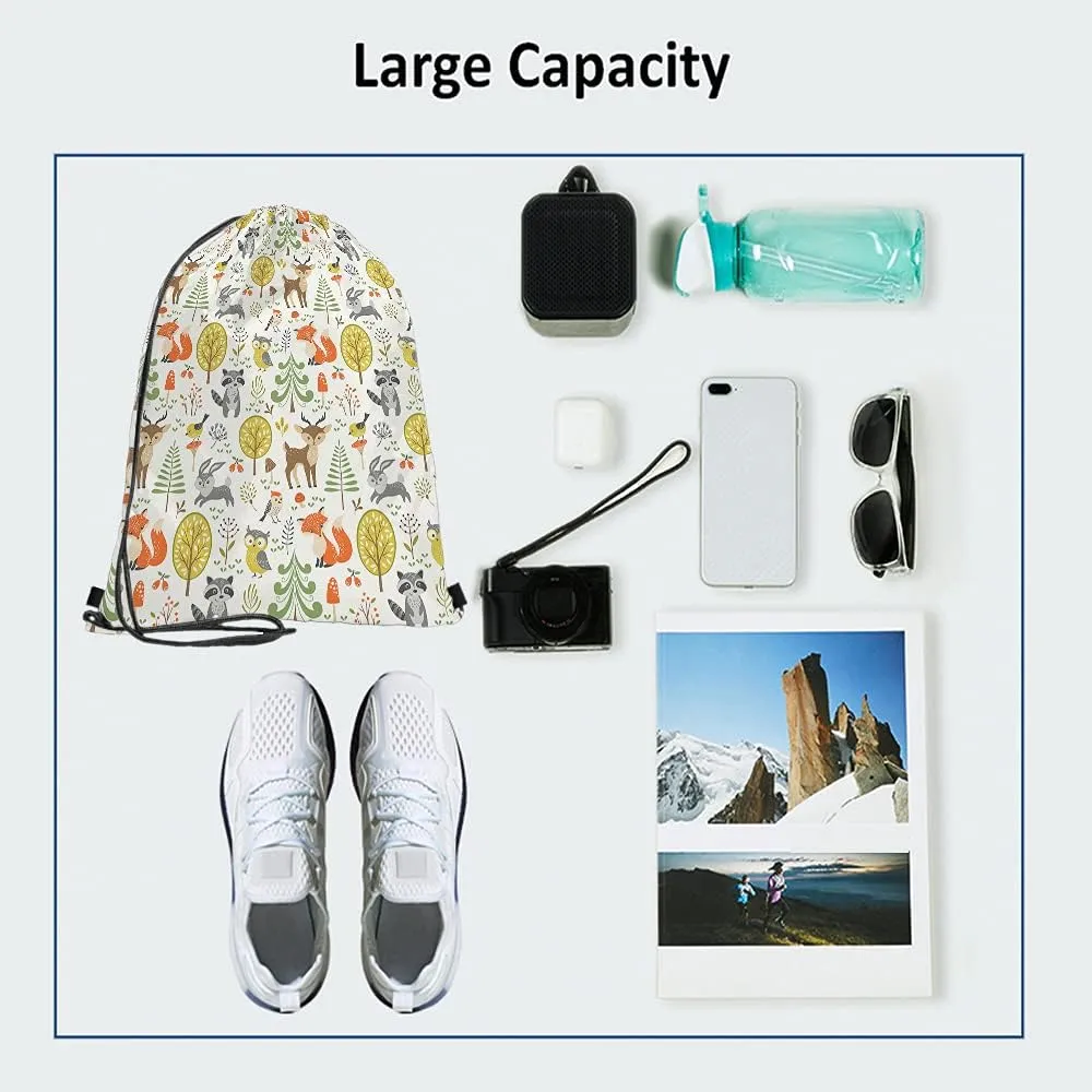 Cute Woodland Animals Drawstring Bags Backpack Bag Bird Owl Raccoon Tree Rabbit Fox Mushroom Spring Berries Sport Gym Sack Drawstring Bag String Bag Yoga Bag for Men Women