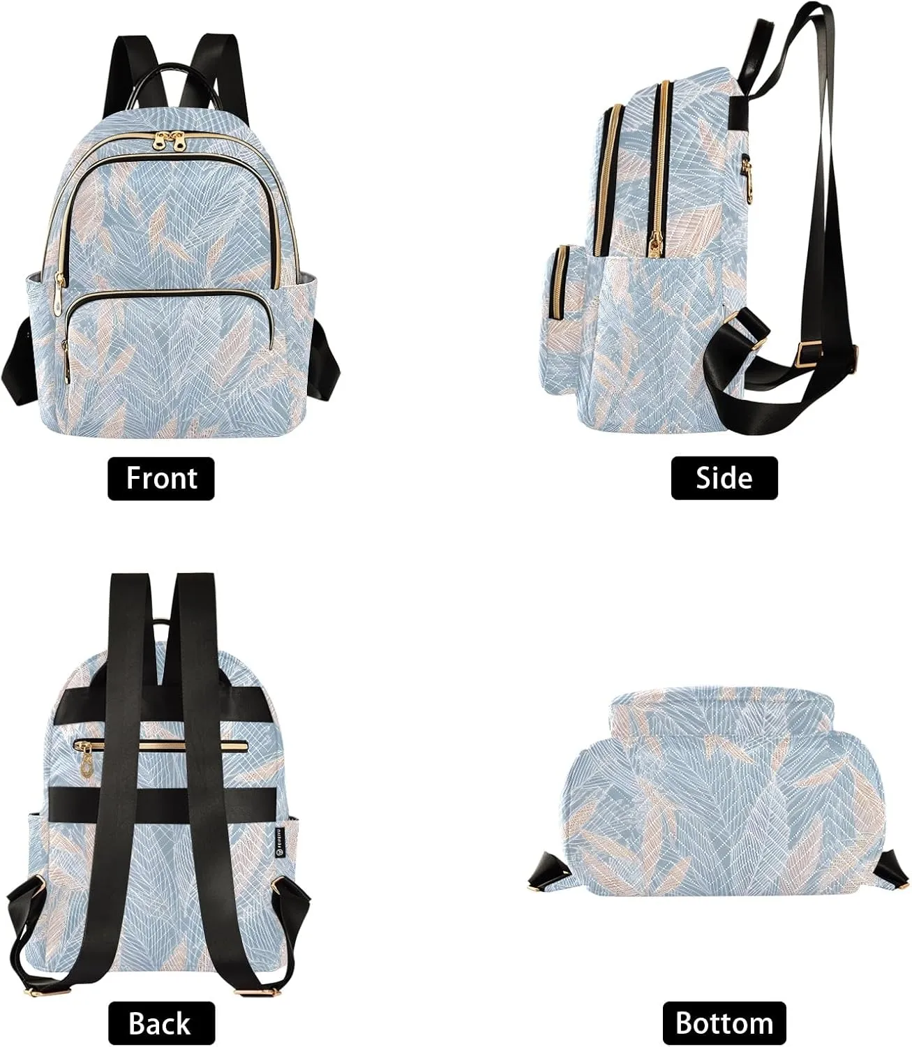 Delicate Leaf Pattern Lightblue Campus Backpack Purse Bookbag Quilted Backpack for Women 13" Laptop Backpack Stylish Printed Rucksack with Multiple Pockets Lightweight Travel