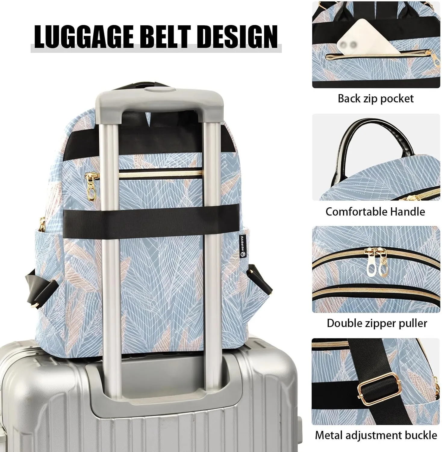 Delicate Leaf Pattern Lightblue Campus Backpack Purse Bookbag Quilted Backpack for Women 13" Laptop Backpack Stylish Printed Rucksack with Multiple Pockets Lightweight Travel