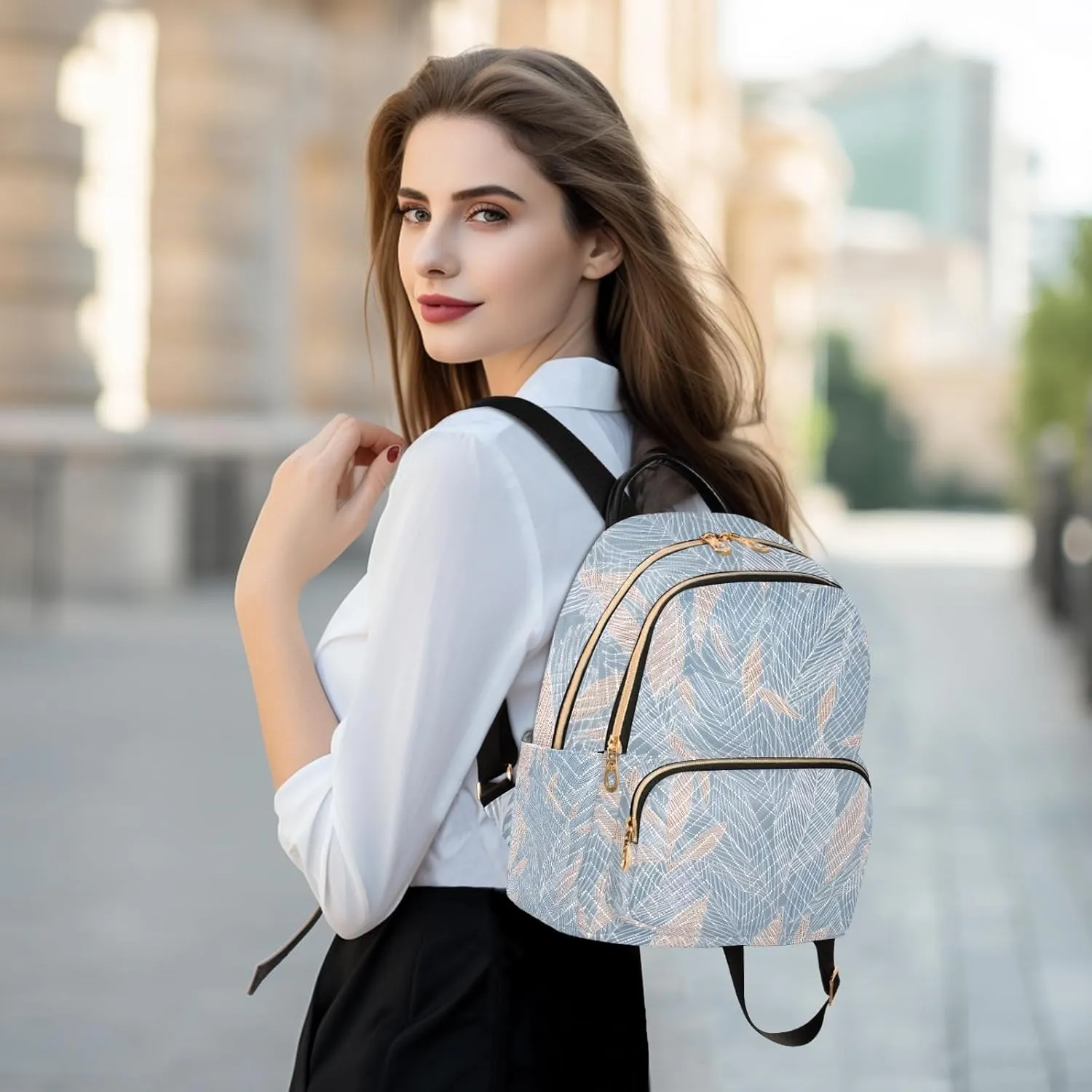Delicate Leaf Pattern Lightblue Campus Backpack Purse Bookbag Quilted Backpack for Women 13" Laptop Backpack Stylish Printed Rucksack with Multiple Pockets Lightweight Travel