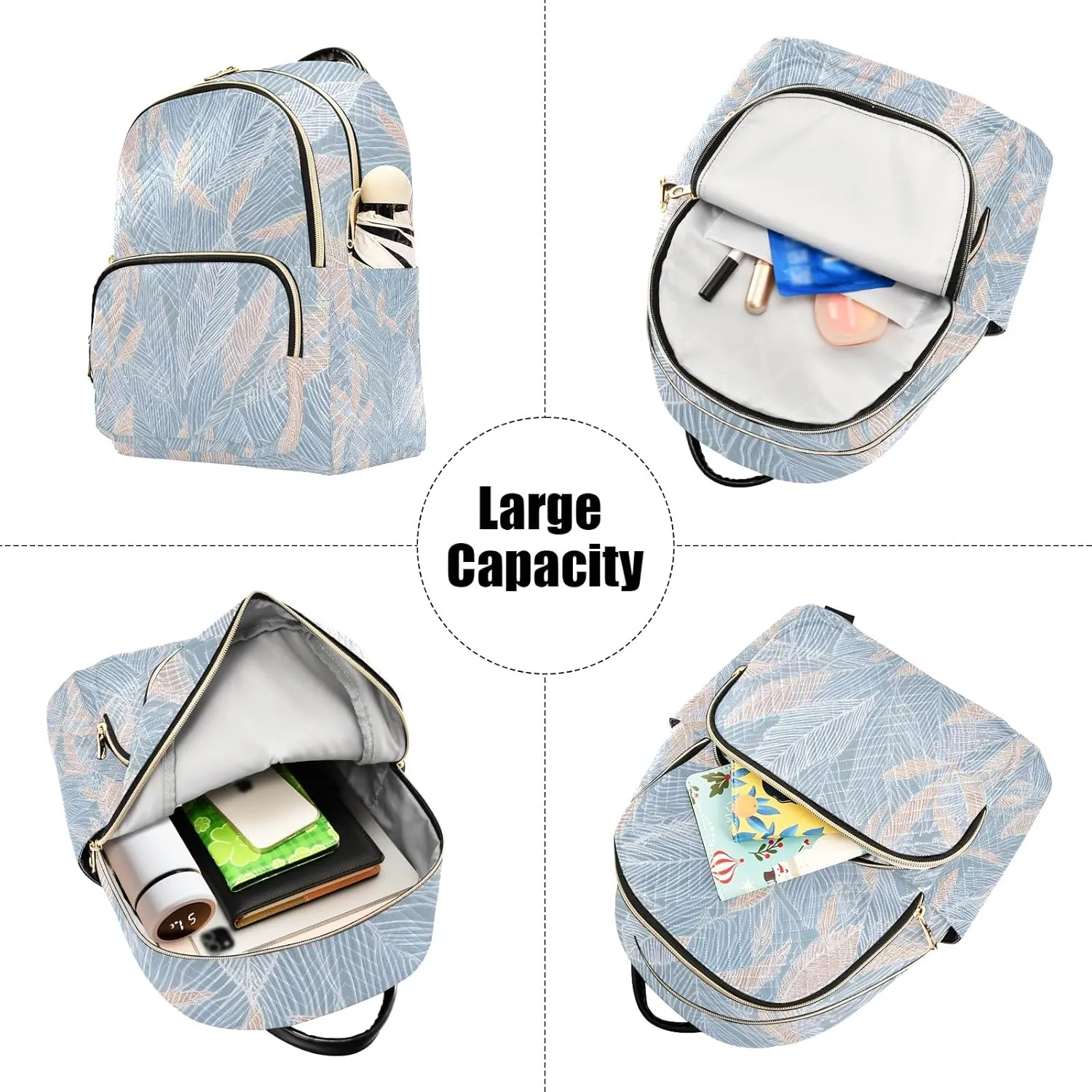 Delicate Leaf Pattern Lightblue Campus Backpack Purse Bookbag Quilted Backpack for Women 13" Laptop Backpack Stylish Printed Rucksack with Multiple Pockets Lightweight Travel
