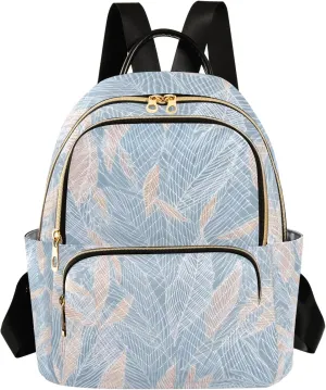 Delicate Leaf Pattern Lightblue Campus Backpack Purse Bookbag Quilted Backpack for Women 13" Laptop Backpack Stylish Printed Rucksack with Multiple Pockets Lightweight Travel