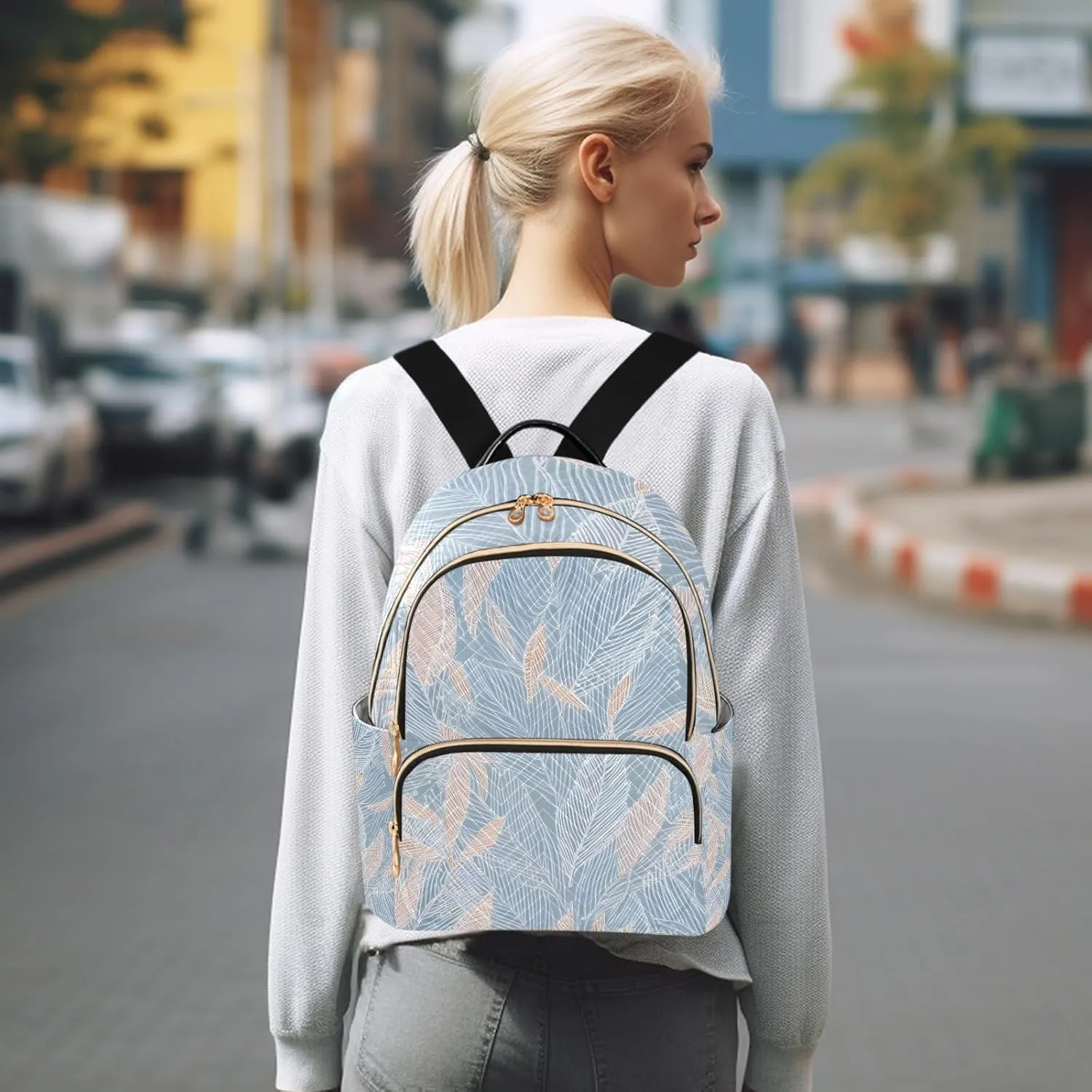 Delicate Leaf Pattern Lightblue Campus Backpack Purse Bookbag Quilted Backpack for Women 13" Laptop Backpack Stylish Printed Rucksack with Multiple Pockets Lightweight Travel