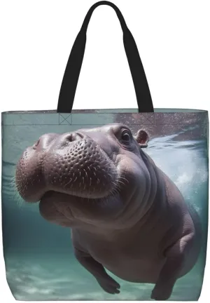 Diving Hippo Tote Bag for Women Hobo Handbags with Zipper Large Shoulder Bag Shopping Bags Travel Purse