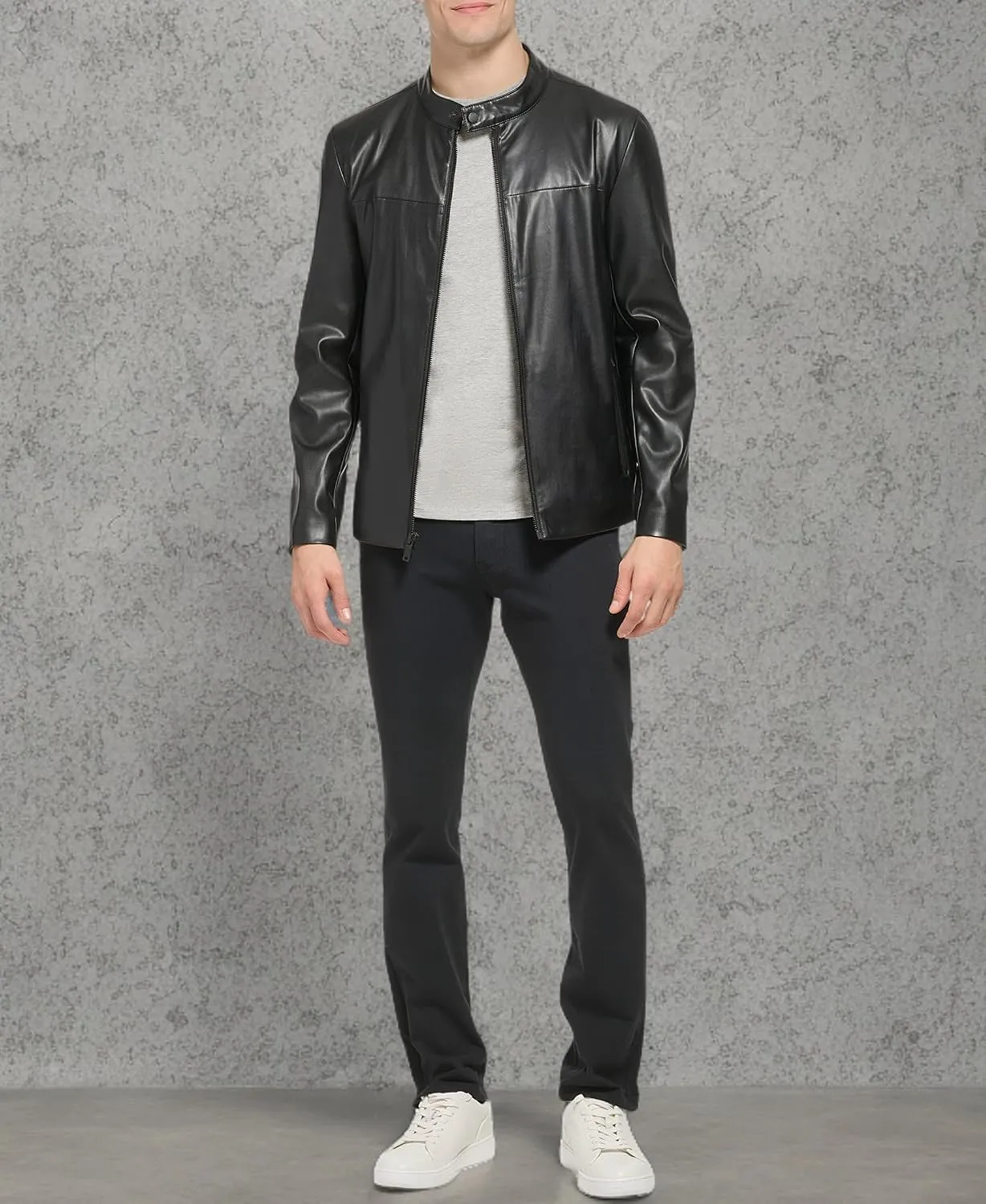 DKNY Men's Faux Laether Modern Racer Jacket