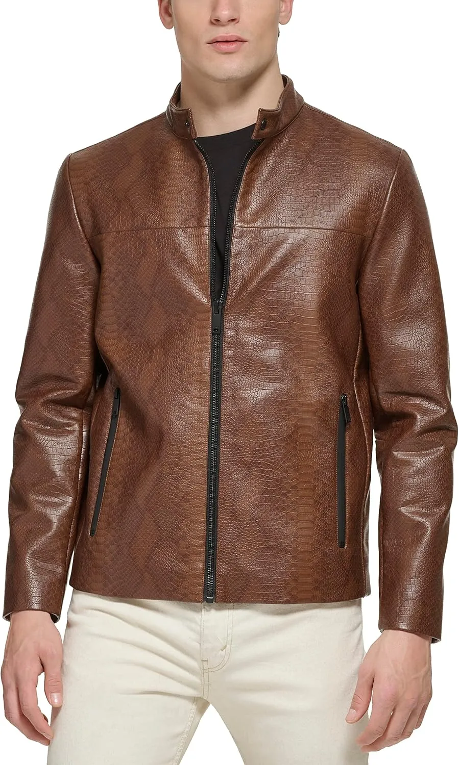 DKNY Men's Faux Laether Modern Racer Jacket