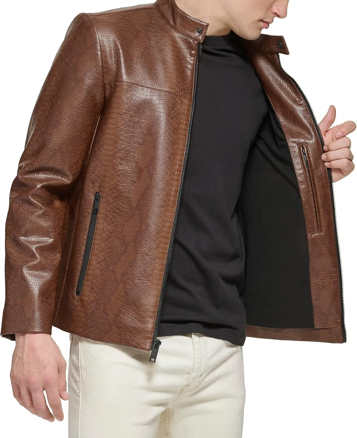 DKNY Men's Faux Laether Modern Racer Jacket