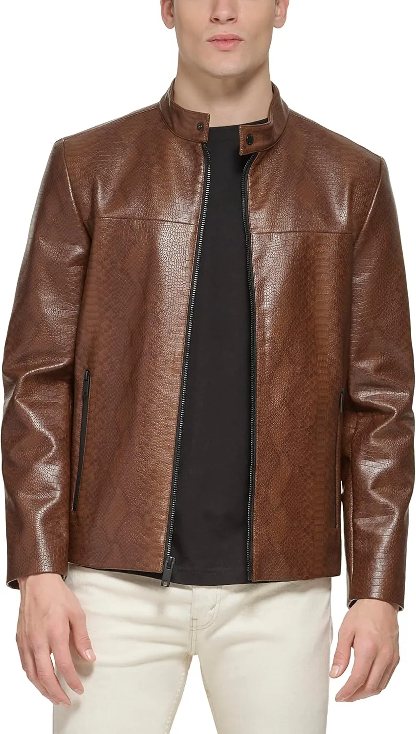 DKNY Men's Faux Laether Modern Racer Jacket