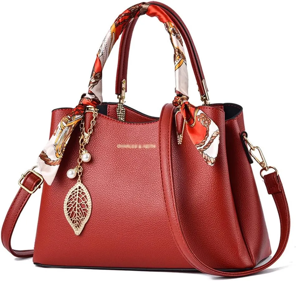 Downupdown Women Handbags Classic Top Handle Handbag Vegan Leather Satchel Tote Bags Zip Purse Shoulder Bag with Silk Scarf