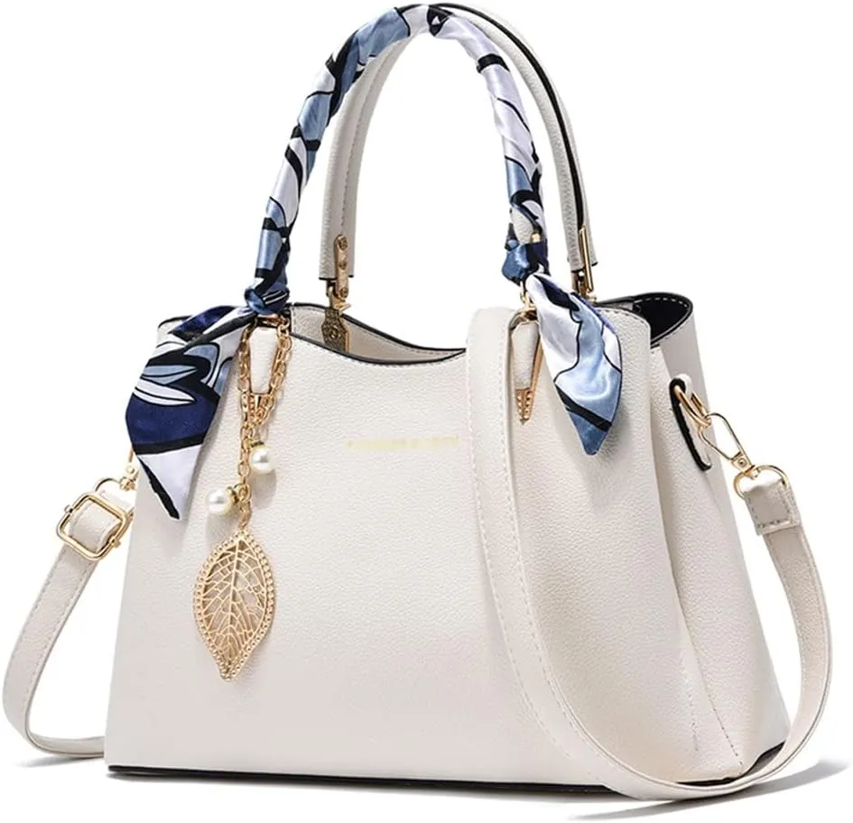 Downupdown Women Handbags Classic Top Handle Handbag Vegan Leather Satchel Tote Bags Zip Purse Shoulder Bag with Silk Scarf