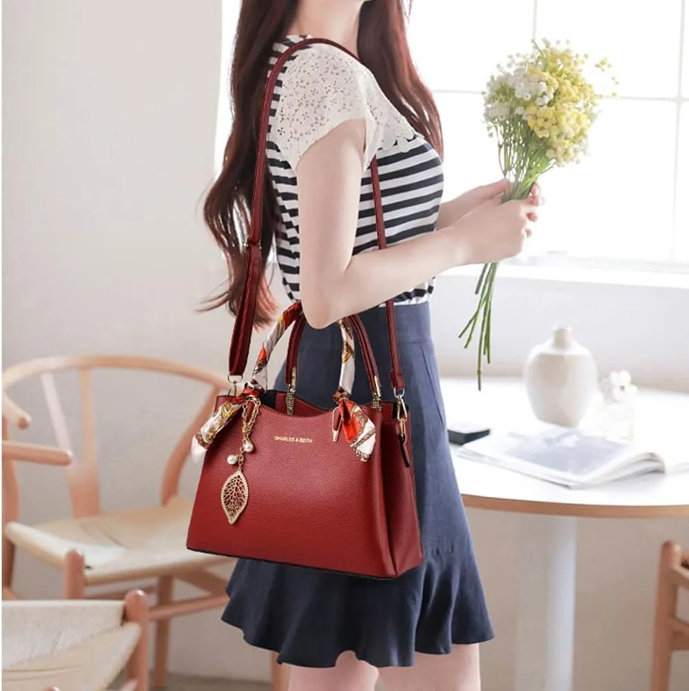 Downupdown Women Handbags Classic Top Handle Handbag Vegan Leather Satchel Tote Bags Zip Purse Shoulder Bag with Silk Scarf