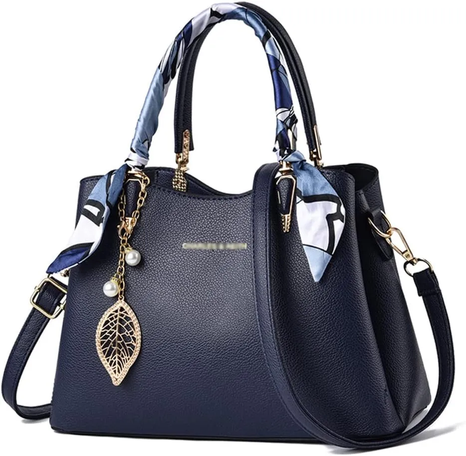 Downupdown Women Handbags Classic Top Handle Handbag Vegan Leather Satchel Tote Bags Zip Purse Shoulder Bag with Silk Scarf