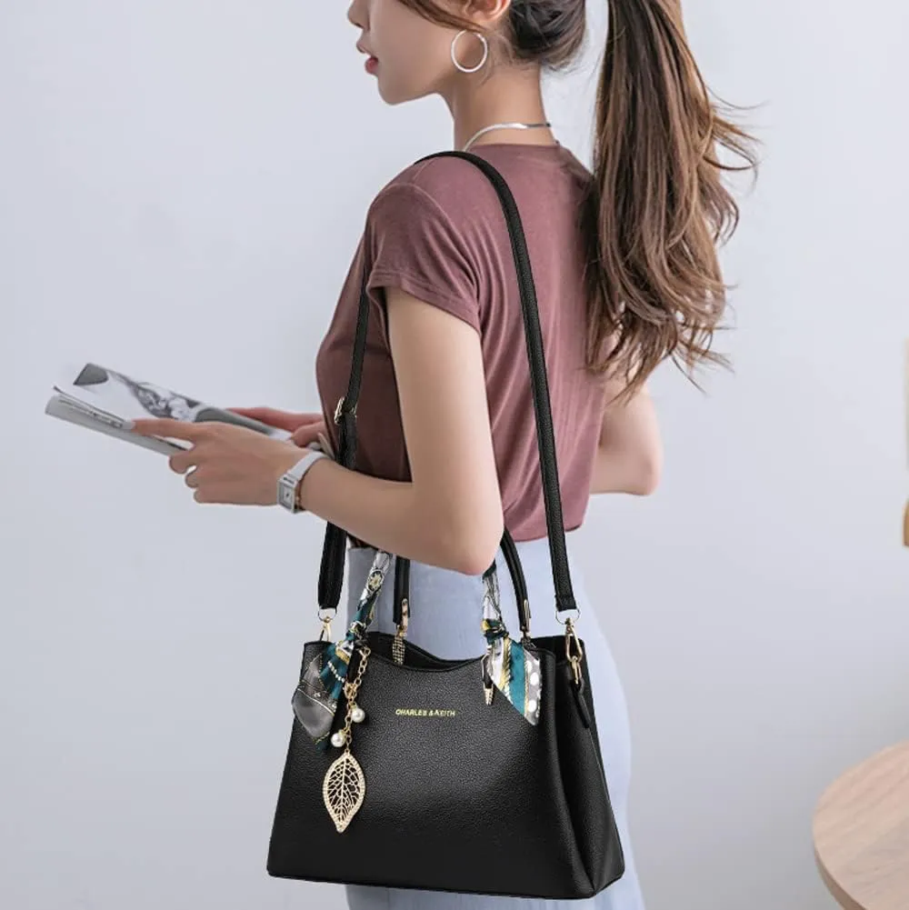 Downupdown Women Handbags Classic Top Handle Handbag Vegan Leather Satchel Tote Bags Zip Purse Shoulder Bag with Silk Scarf