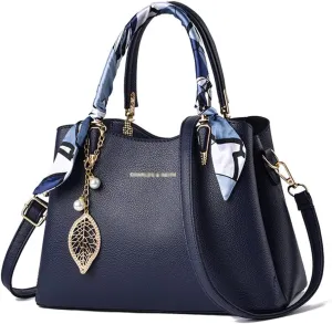 Downupdown Women Handbags Classic Top Handle Handbag Vegan Leather Satchel Tote Bags Zip Purse Shoulder Bag with Silk Scarf