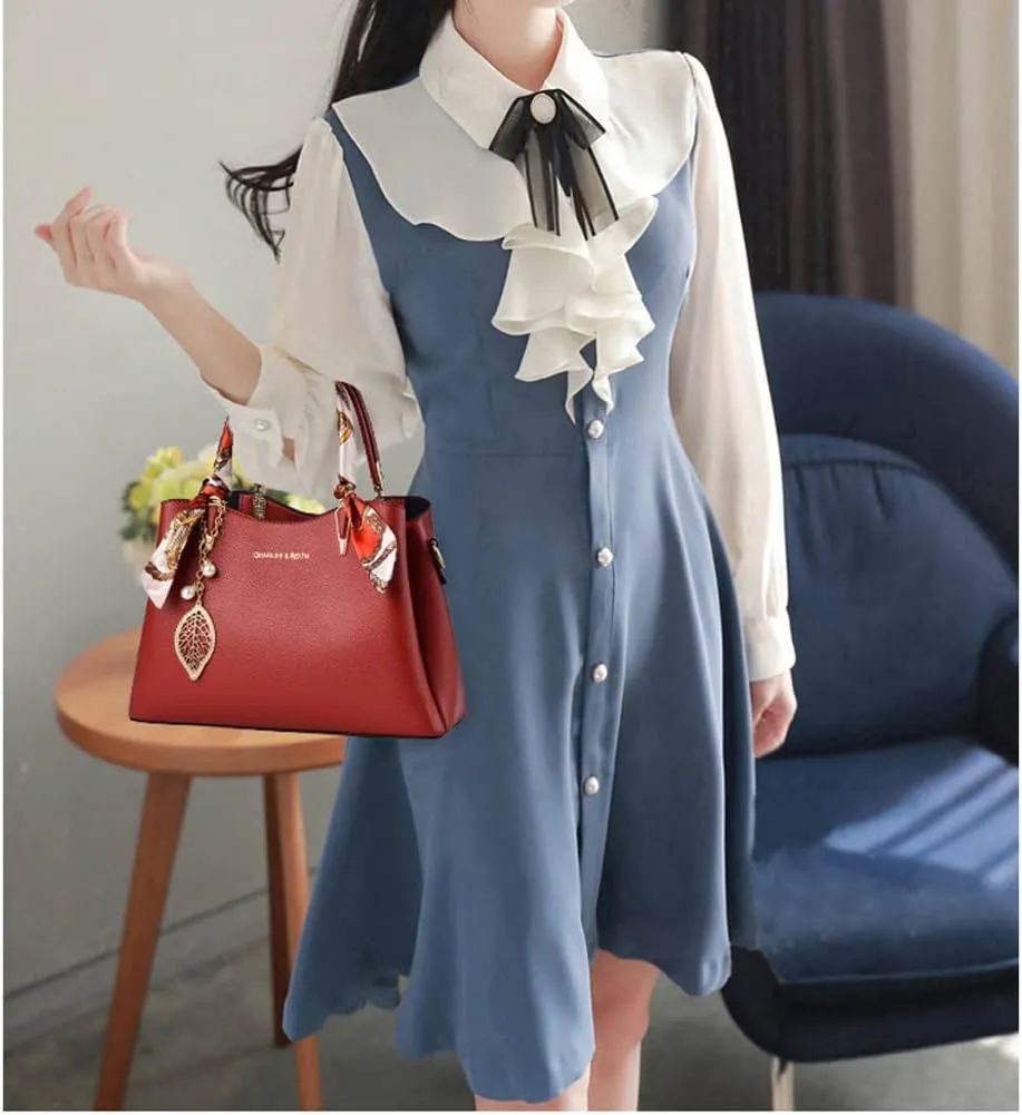 Downupdown Women Handbags Classic Top Handle Handbag Vegan Leather Satchel Tote Bags Zip Purse Shoulder Bag with Silk Scarf