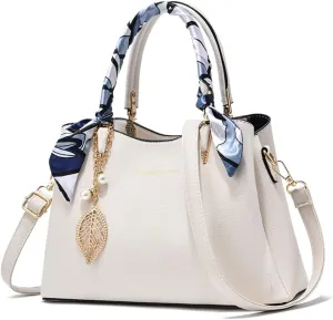 Downupdown Women Handbags Classic Top Handle Handbag Vegan Leather Satchel Tote Bags Zip Purse Shoulder Bag with Silk Scarf