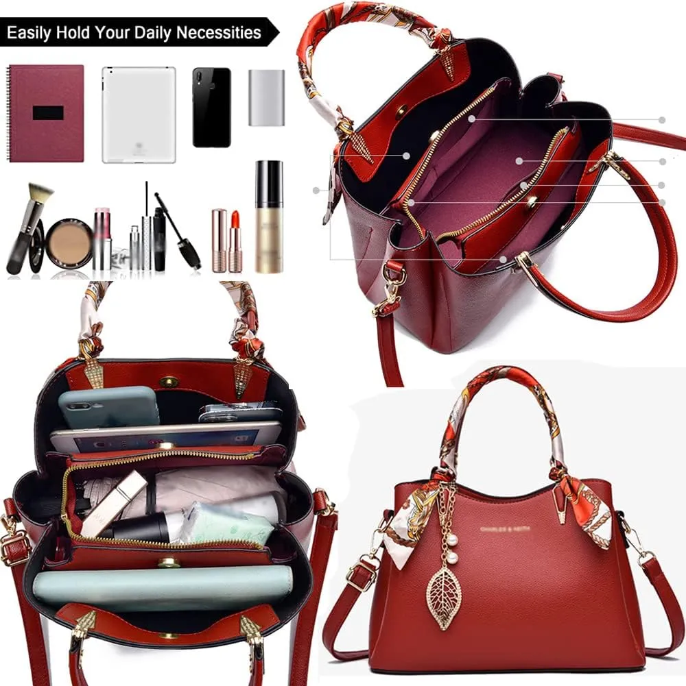 Downupdown Women Handbags Classic Top Handle Handbag Vegan Leather Satchel Tote Bags Zip Purse Shoulder Bag with Silk Scarf