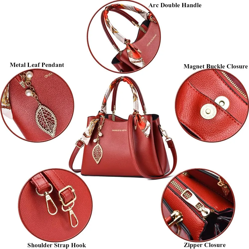 Downupdown Women Handbags Classic Top Handle Handbag Vegan Leather Satchel Tote Bags Zip Purse Shoulder Bag with Silk Scarf