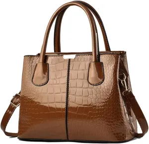 Downupdown Women Handbags Classic Top Handle Purse Shiny Patent Leather Crocodile Pattern Totes Stylish Satchel Shoulder Bag